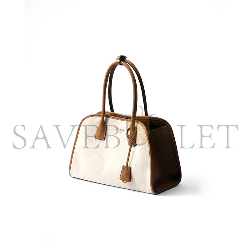 PRADA MEDIUM LINEN BLEND AND LEATHER TOTE BAG 1BG572 (35*22*18cm)